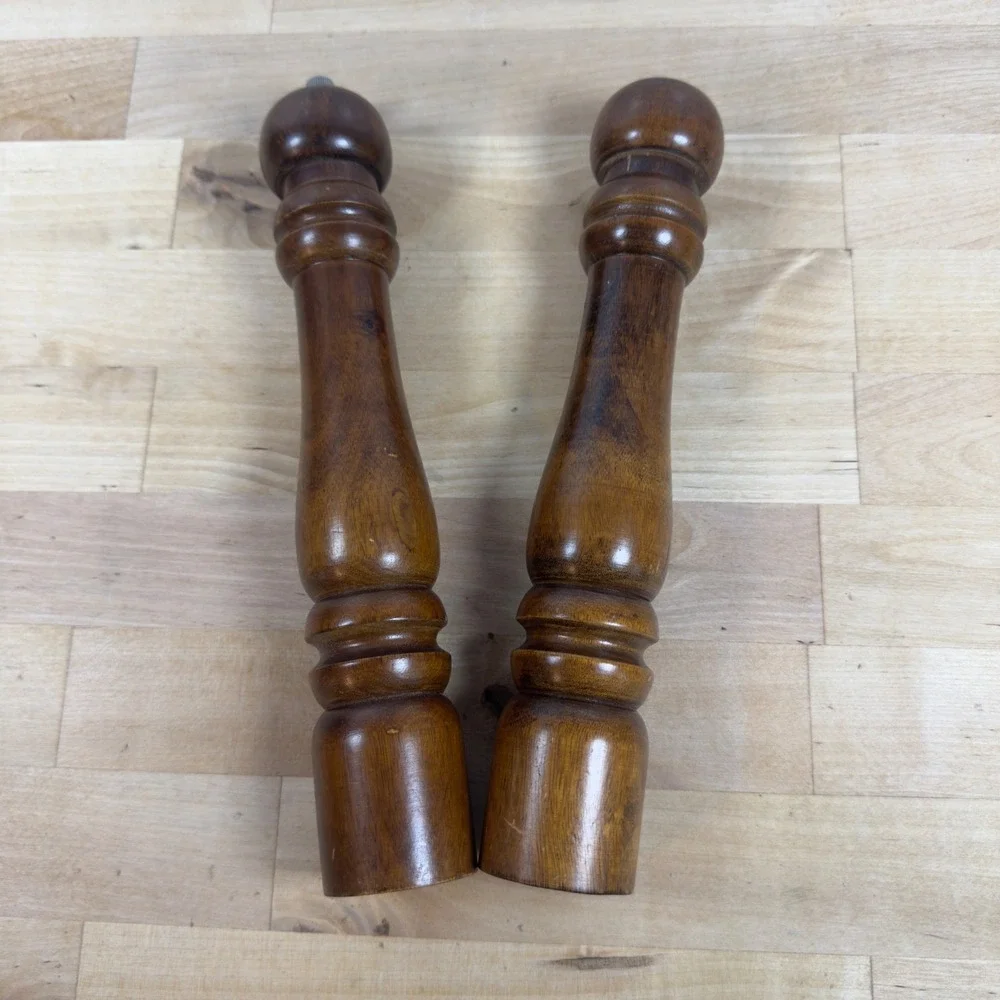 Vintage Dark Wood Salt and Pepper Shaker Mill Set 9.5 Inch Brown Wooden